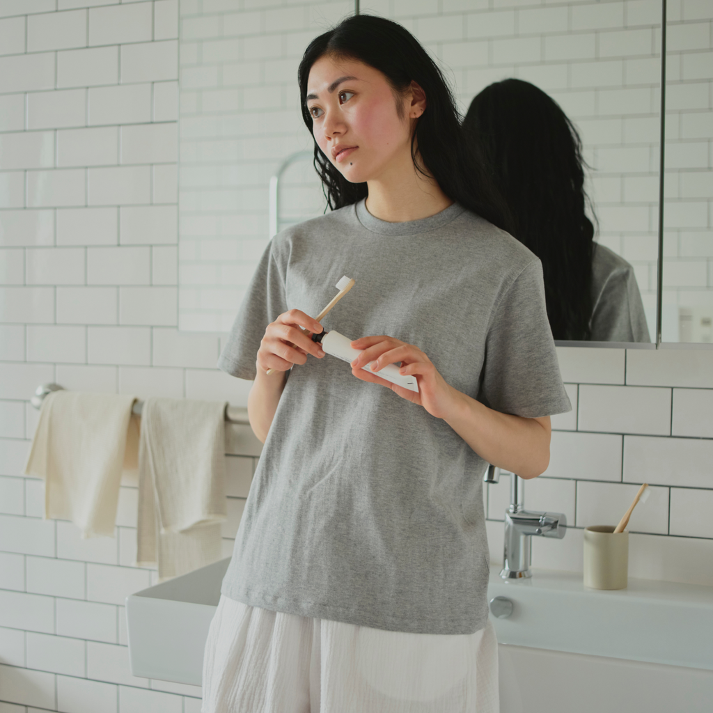KINTO FUTO LOOPWHEEL KNIT SHORT SLEEVE T-SHIRT M GRAY MELANGE