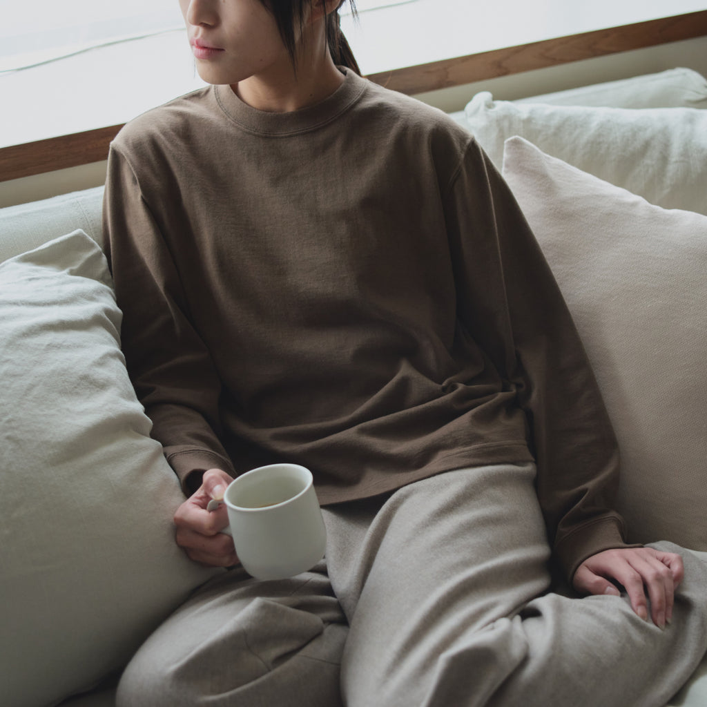 KINTO FUTO LOOPWHEEL KNIT LONG SLEEVE TOP S BROWN